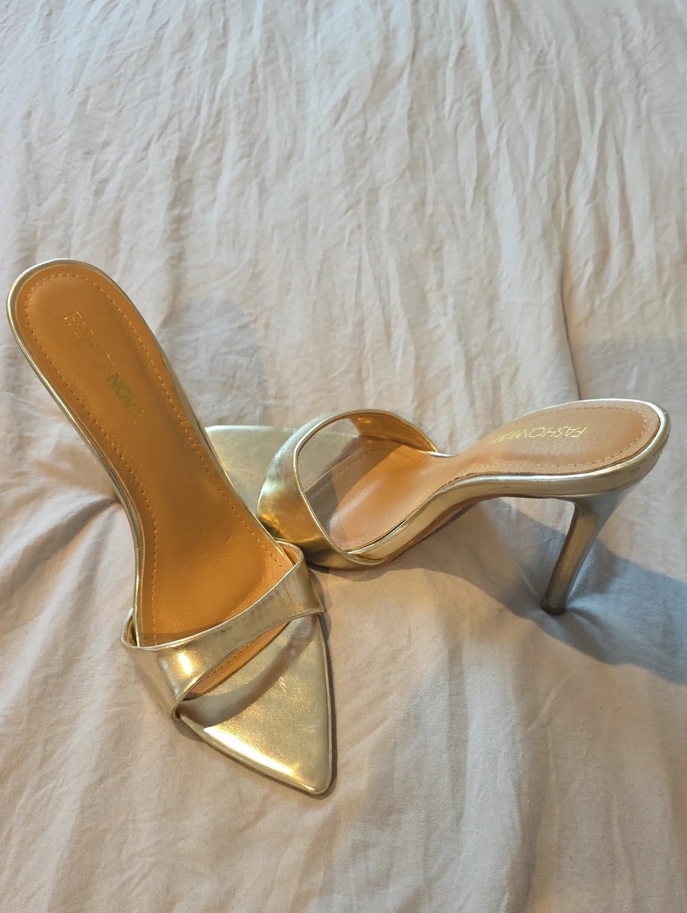Fashion Nova Metallic Gold Pointed Mule Heels